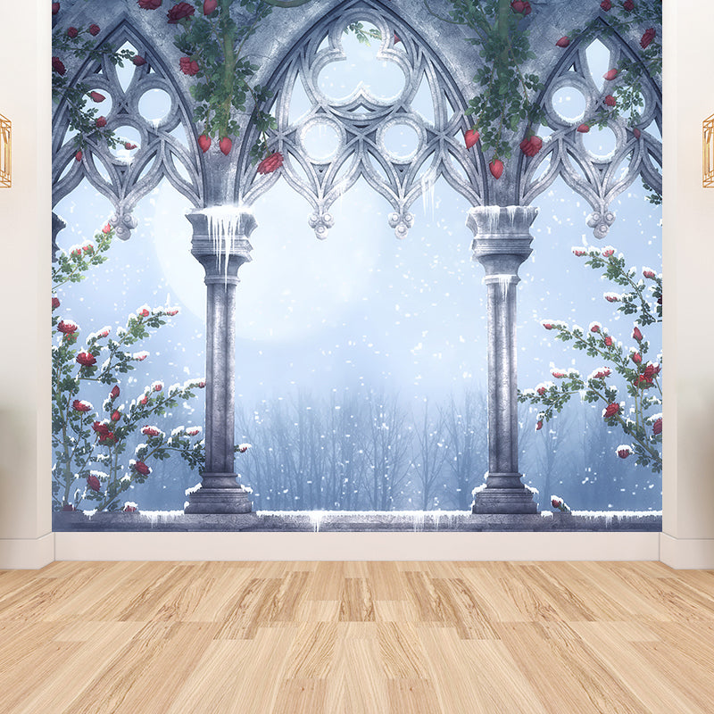 Modern Winter Flower Print Mural Decal Grey Decorative Wall Covering for Dining Room