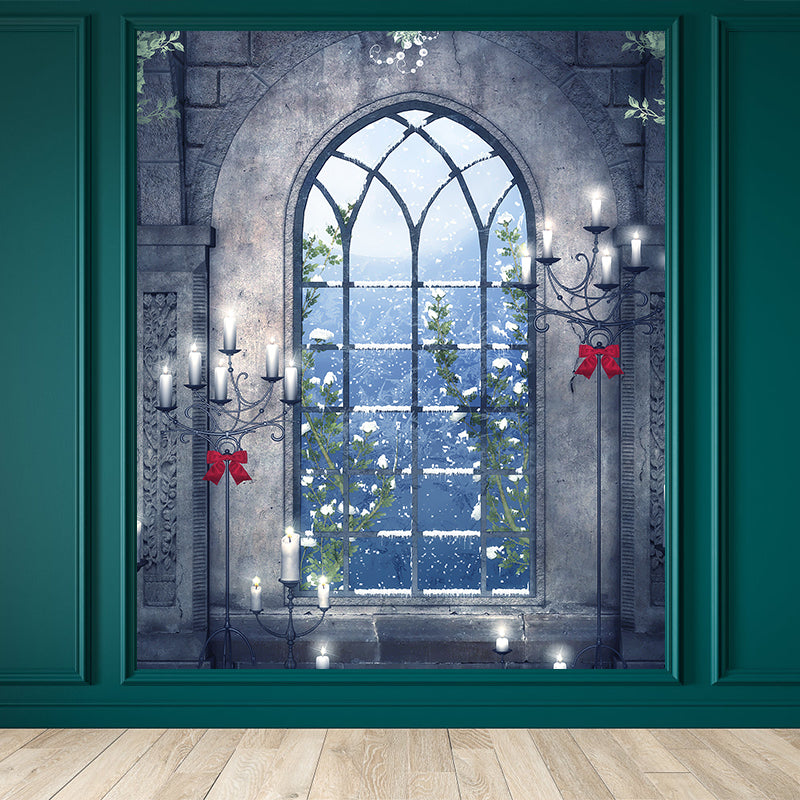 Contemporary Candles and Window Mural Non-Woven Waterproofing Gray Wall Art for Playroom