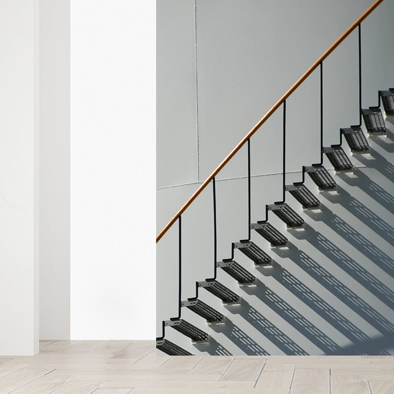 Grey Partial Stairs Mural Wallpaper Moisture Resistant Wall Decor for Sitting Room