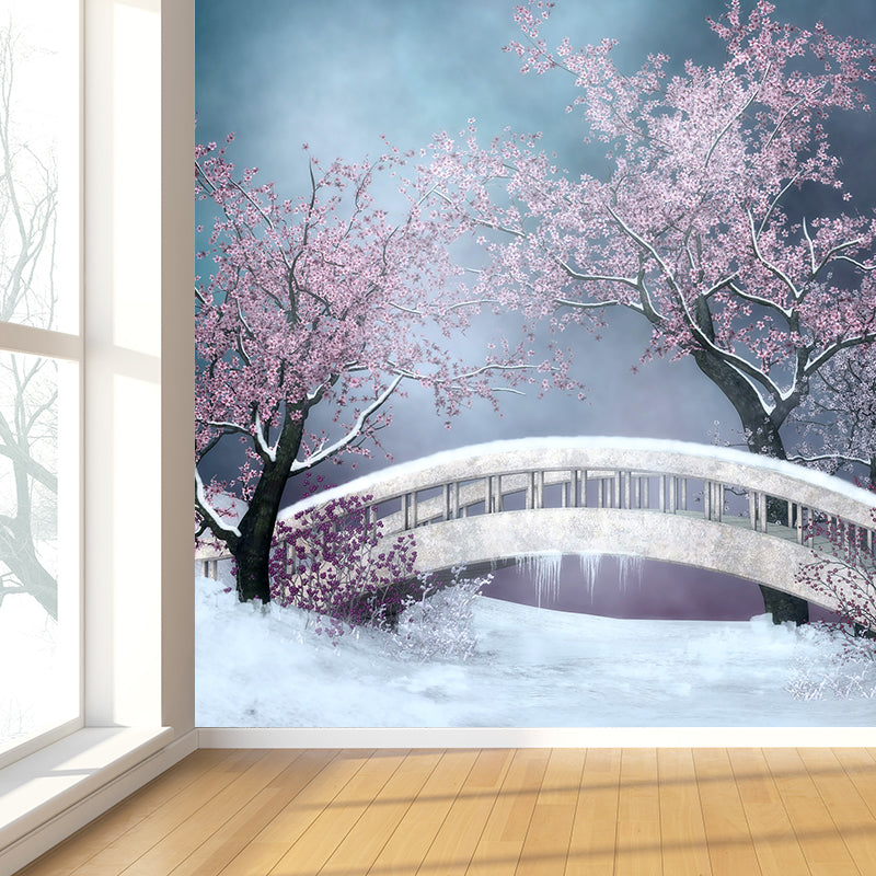 Stain-Proof Flower and Bridge Mural Non-Woven Texture Modern Wall Art for Guest Room