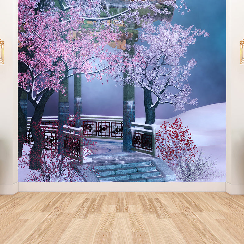 Illustration Style Pavilion Mural Decal for Dining Room, Pink, Custom Size Available