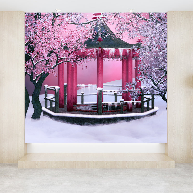 Large Flower and Pavilion Mural Contemporary Chilling Winterscape Wall Decor in Pink