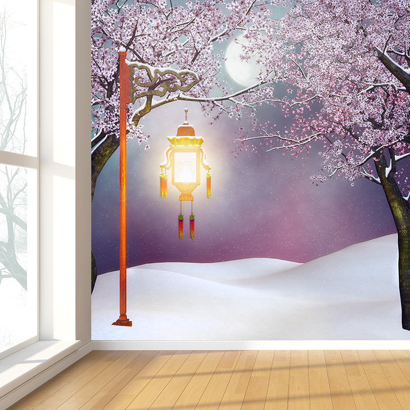 Huge Snowfield and Streetlamp Mural for Bathroom Winterscape Wall Art in Pink, Moisture Resistant