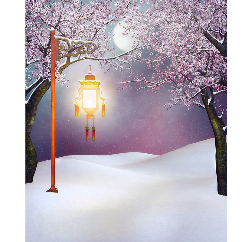 Huge Snowfield and Streetlamp Mural for Bathroom Winterscape Wall Art in Pink, Moisture Resistant
