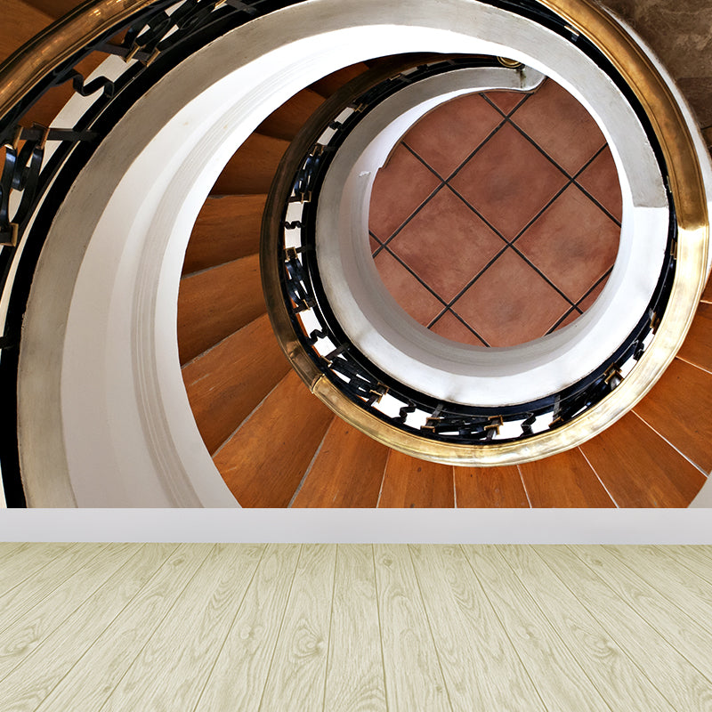 Contemporary Spiral Wood Stairs Mural Brown Waterproofing Wall Covering for Home