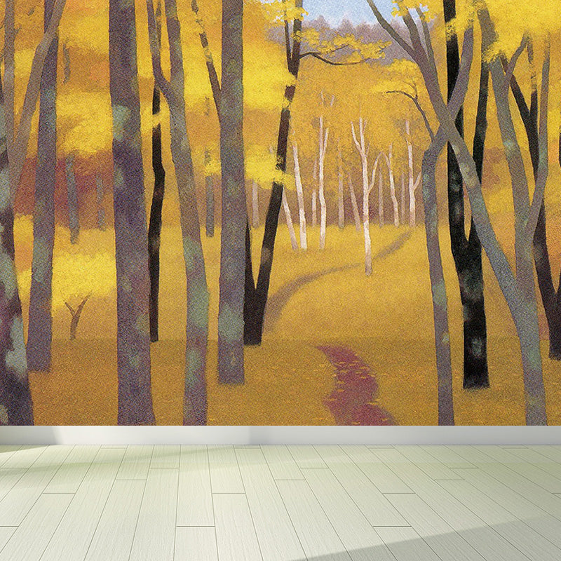 Modern Autumn Wood Mural Wallpaper Non-Woven Texture Waterproofing Yellow Wall Art for Bedroom