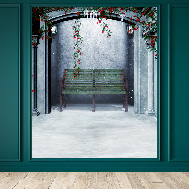 Winter Backyard Mural Decal Contemporay Non-Woven Textured Wall Covering in Green