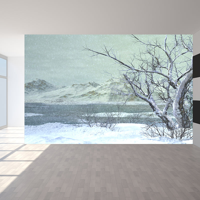 Illustration Style Winter Hills Mural Giant Wall Covering for Dining Room, Custom