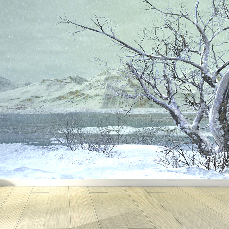 Illustration Style Winter Hills Mural Giant Wall Covering for Dining Room, Custom