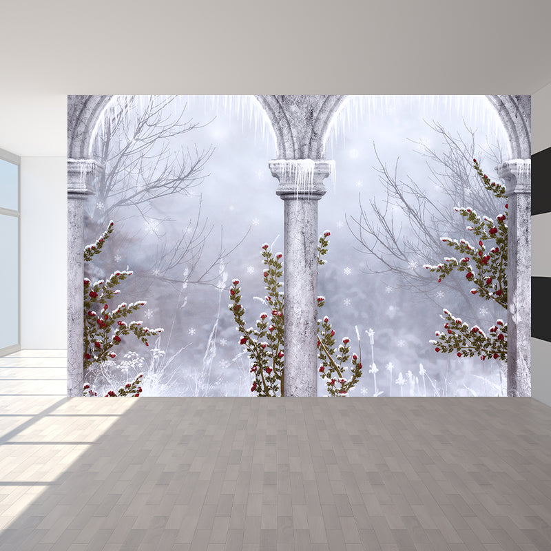 Gray Snowy Forest Mural Wallpaper Moisture Resistant Wall Covering for Living Room
