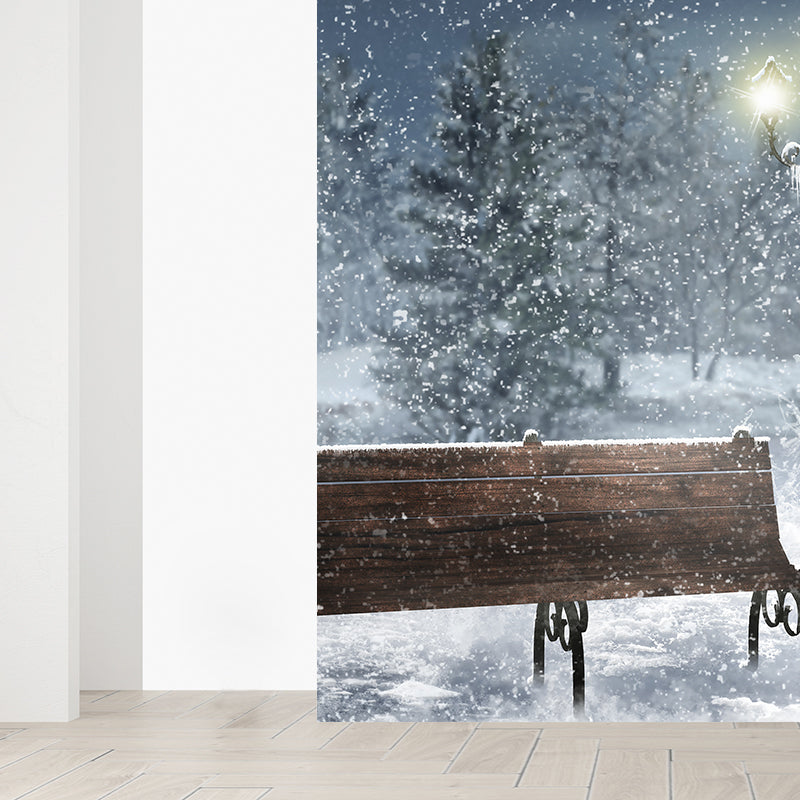 Blue Snowscape and Bench Mural Wallpaper Forest Contemporary Stain proof Wall Art