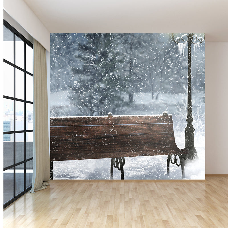 Blue Snowscape and Bench Mural Wallpaper Forest Contemporary Stain proof Wall Art