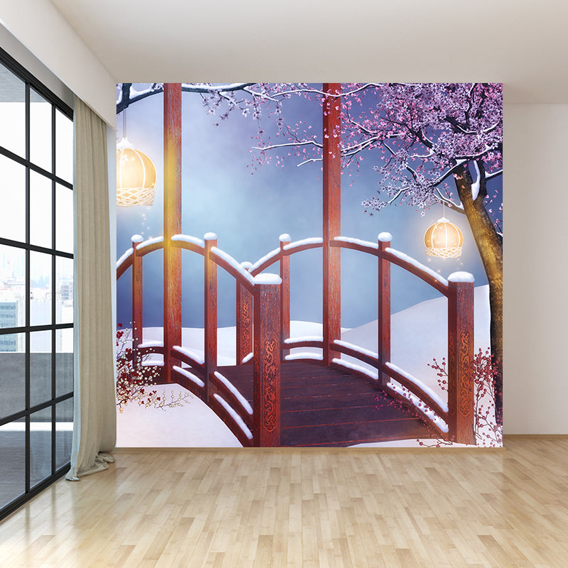 Giant Modern Wall Mural in Red Flower and Bridge Wall Art, Custom Size Available