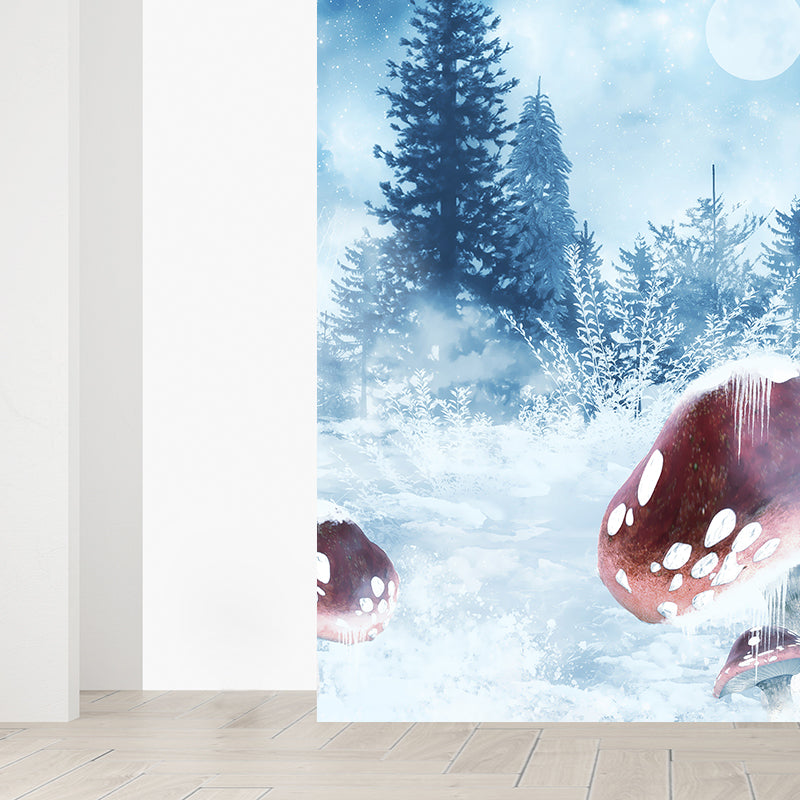 Full Size Illustration Modern Mural Decal with Snowy Trees and Mushrooms in Blue