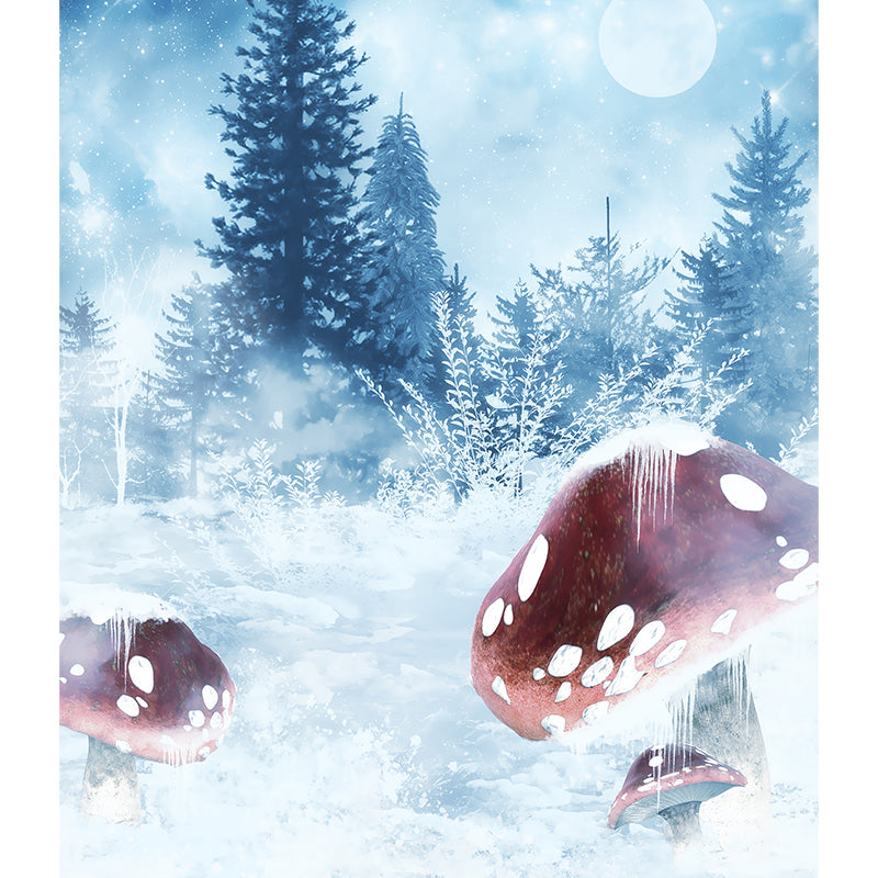 Full Size Illustration Modern Mural Decal with Snowy Trees and Mushrooms in Blue