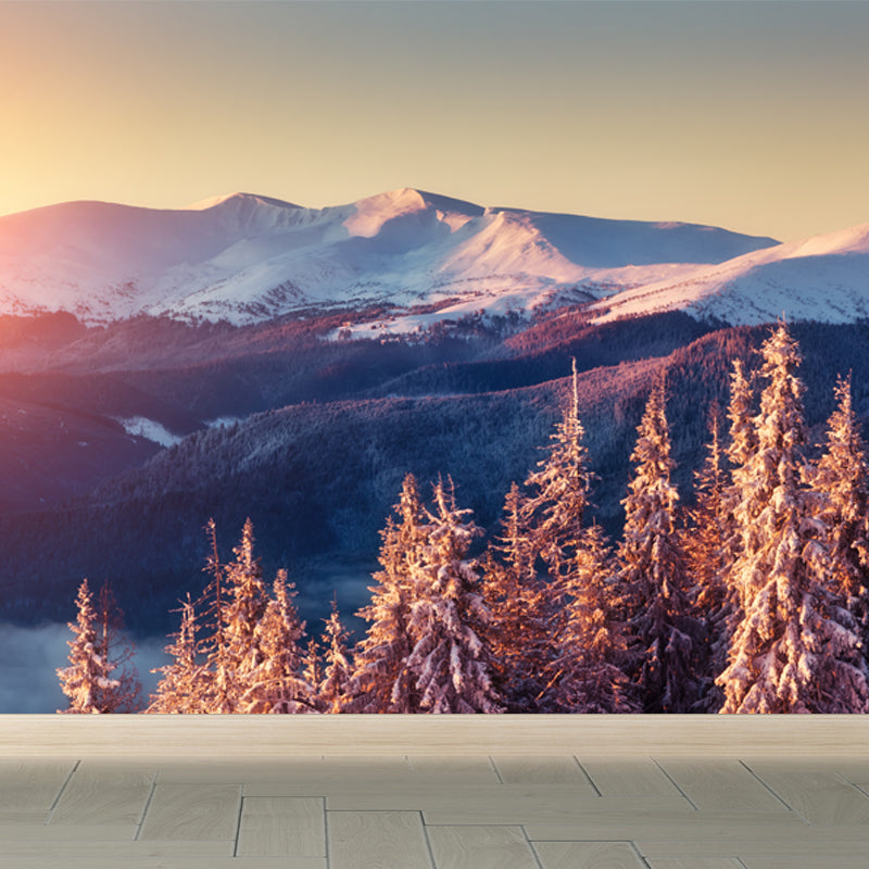 Beautiful Sunset Snow Mountain Mural Decal for Living Room, Orange, Size Optional