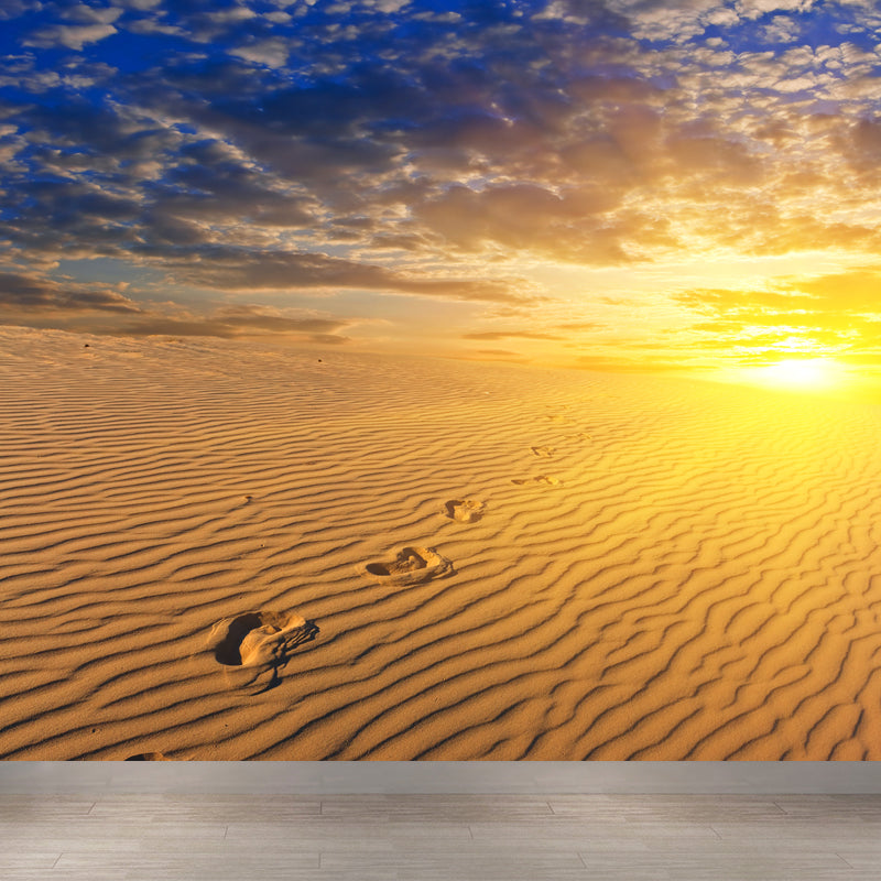 Dusk Sand Wave Desert Mural Yellow and Blue Modernism Wall Decor for Living Room