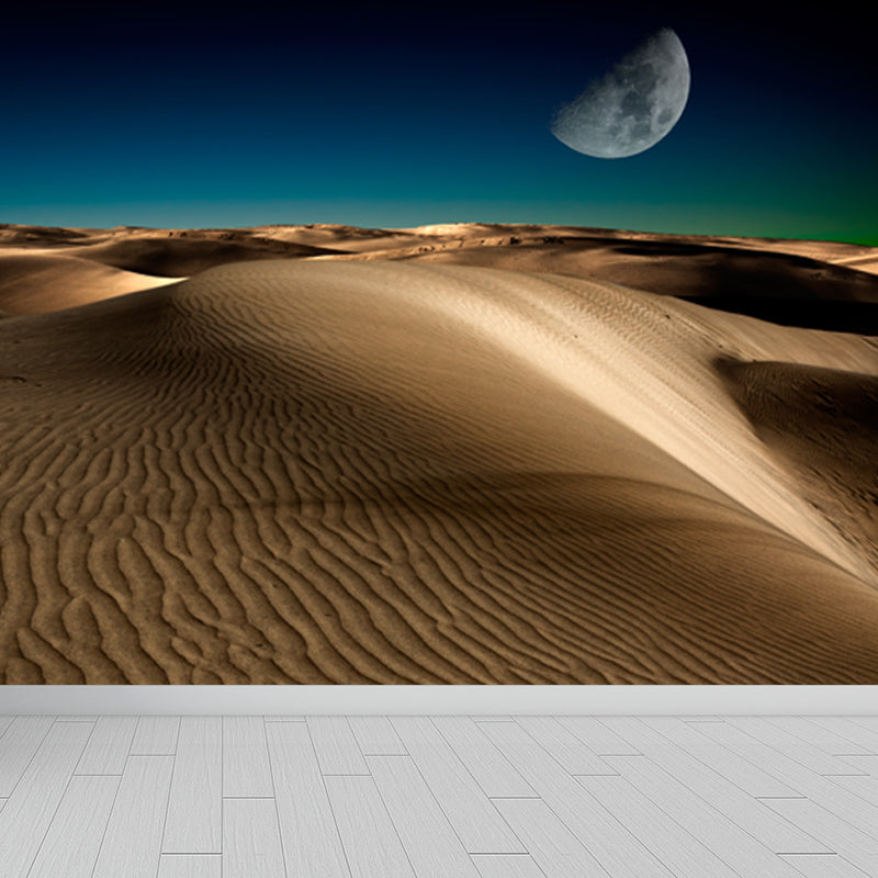 Modern Half-Moon Scenery Mural Yellow and Blue Desert at Night Wall Decor for Living Room