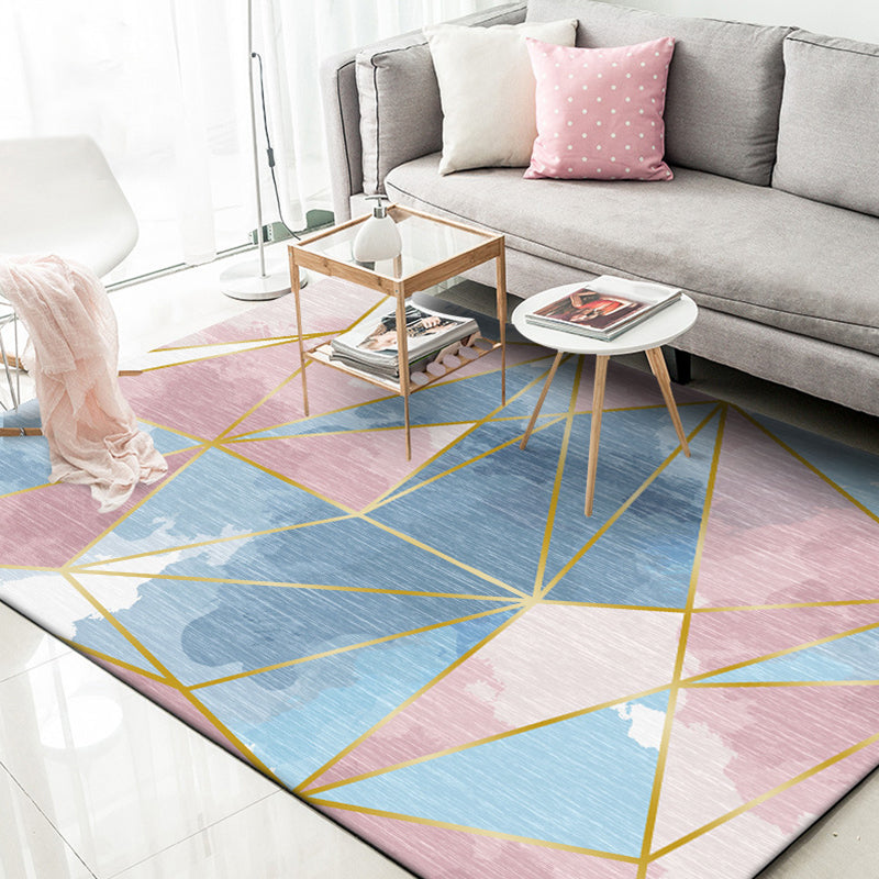 Minimalistischer moderner Teppich in rosa und blauem Farbblock-Geometriemuster-Teppich, waschbarer Polyester-Teppich für die Heimdekoration