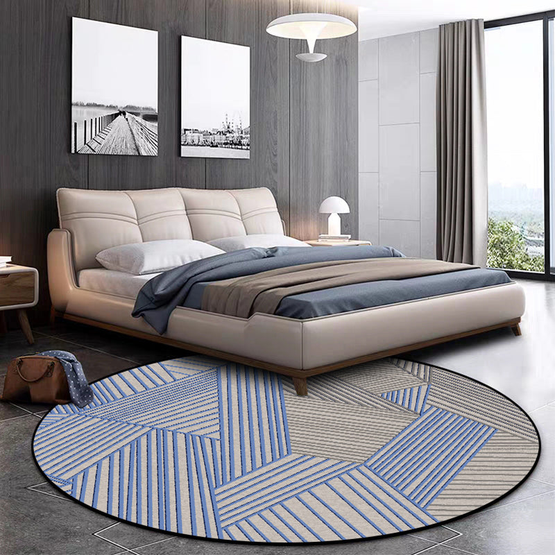 Brown and Blue Bedroom Rug Modern Geometric Stripe Pattern Area Rug Polyester Stain-Resistant Washable Carpet