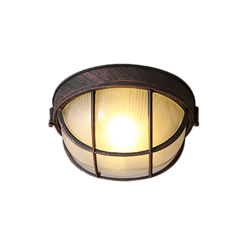 Plafonnier à lumière unique rouille, luminaire encastré à dôme en verre nervuré rustique avec cage
