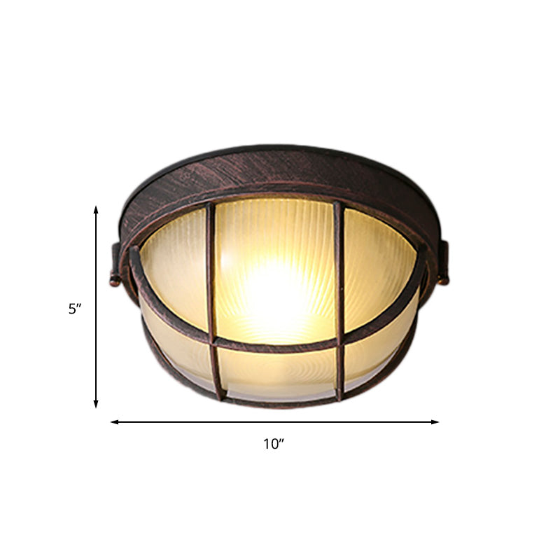 Plafonnier à lumière unique rouille, luminaire encastré à dôme en verre nervuré rustique avec cage
