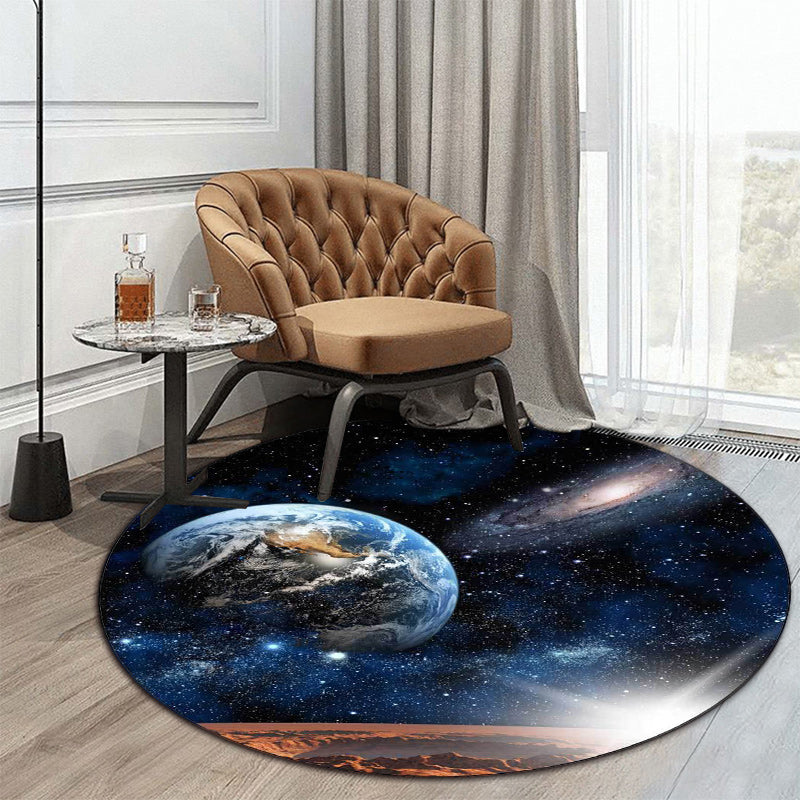 Modern Living Room Rug in Blue Outer Space Galaxy Earth Print Rug Polyester Anti-Slip Backing Area Rug