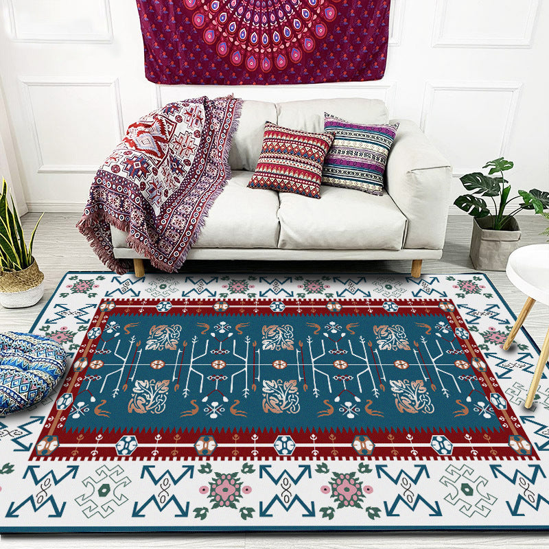 White Bedroom Rug Southwestern Tribal Leaf Pattern Area Rug Polyester Stain-Resistant Non-Slip Carpet