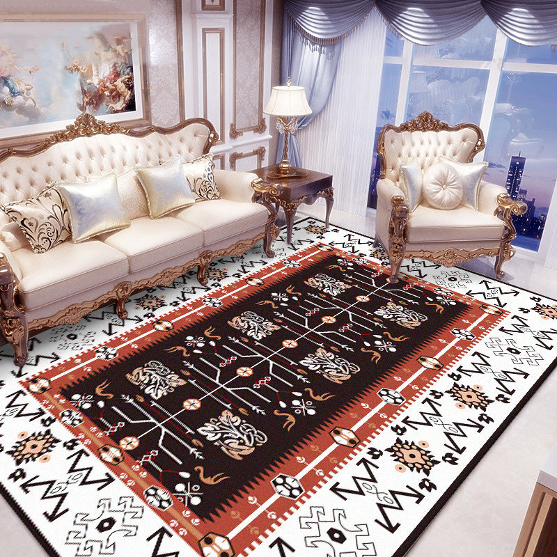 White Bedroom Rug Southwestern Tribal Leaf Pattern Area Rug Polyester Stain-Resistant Non-Slip Carpet