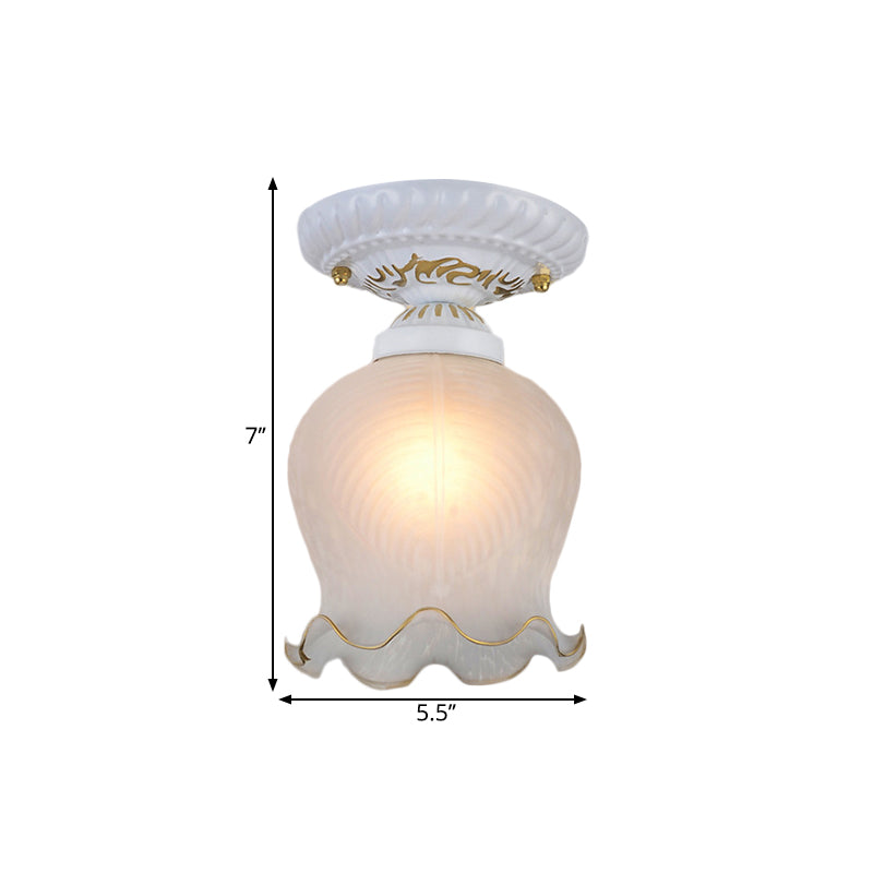 Countryside Scalloped Ceiling Flush 1 Bulb Ribbed Opal Glass Flush Light Fixture in White