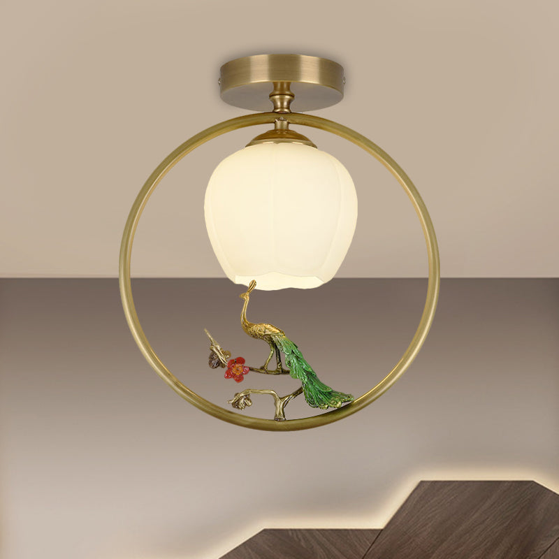 Opal Glass Brass Ceiling Lamp Inverted Bud 1 Bulb Rural Style Ring Flush Mount Light with Peacock Decor