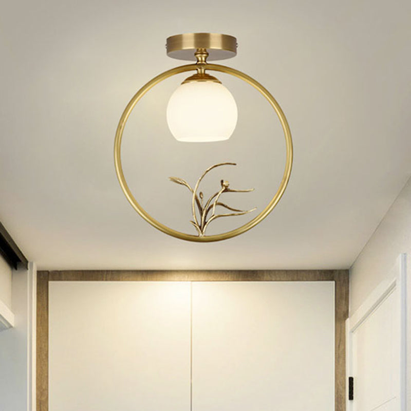 Opal Glass Brass Ceiling Lamp Inverted Bud 1 Bulb Rural Style Ring Flush Mount Light with Peacock Decor