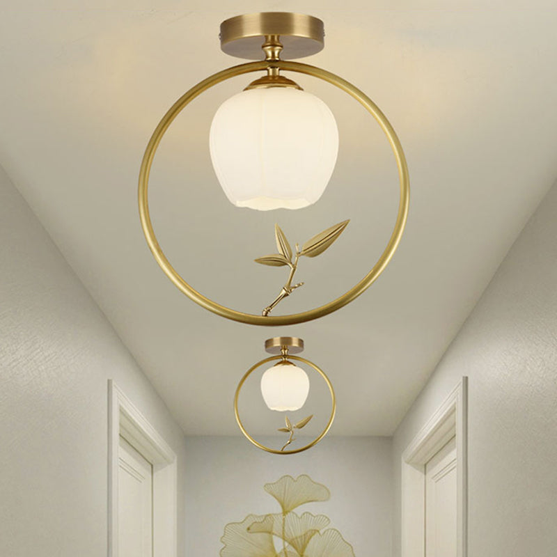Opal Glass Brass Ceiling Lamp Inverted Bud 1 Bulb Rural Style Ring Flush Mount Light with Peacock Decor