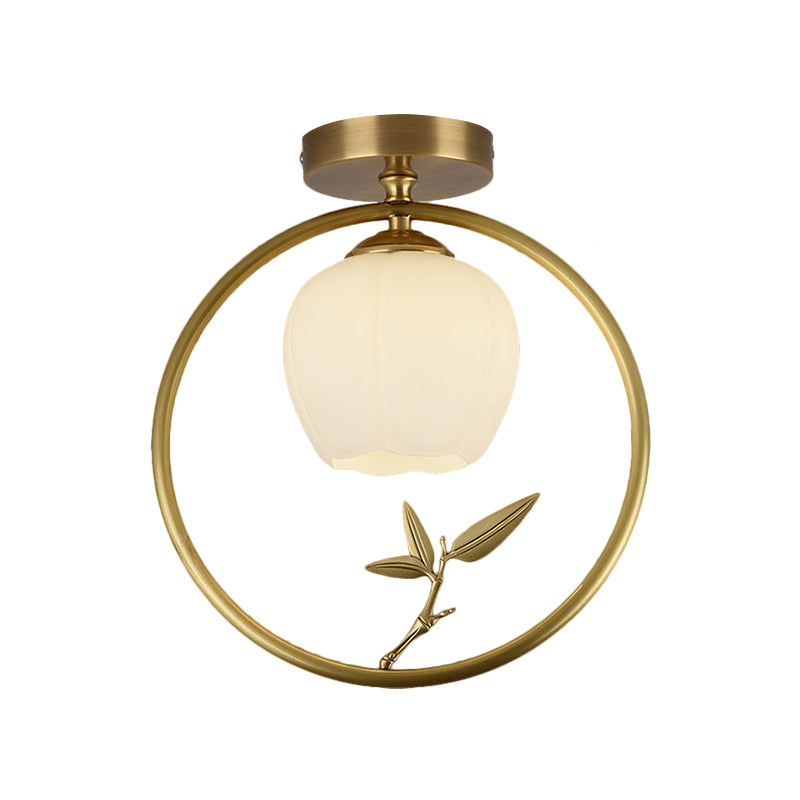 Opal Glass Brass Ceiling Lamp Inverted Bud 1 Bulb Rural Style Ring Flush Mount Light with Peacock Decor