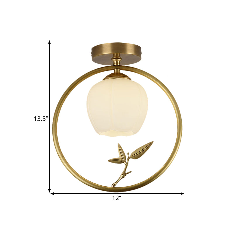 Opal Glass Brass Ceiling Lamp Inverted Bud 1 Bulb Rural Style Ring Flush Mount Light with Peacock Decor