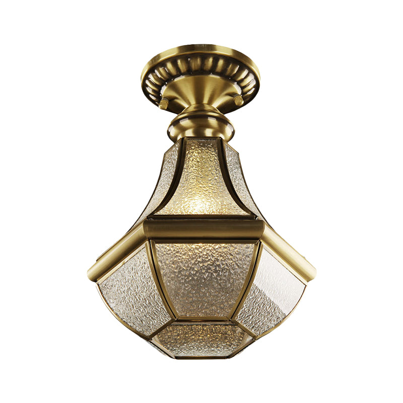 Farmhouse Bell Ceiling Lighting 1-Light Ripple Glass Flush Mount Fixture in Brass for Hallway