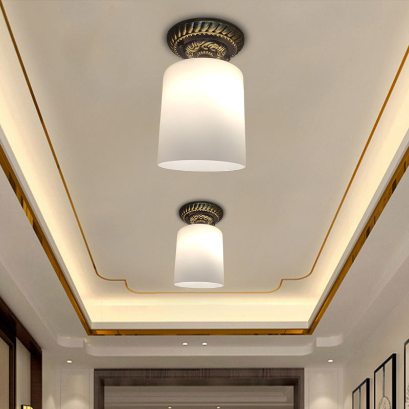 Cylinder Corridor Ceiling Flush Farmhouse Milky Glass 1-Bulb Bronze Flush Mount Lighting