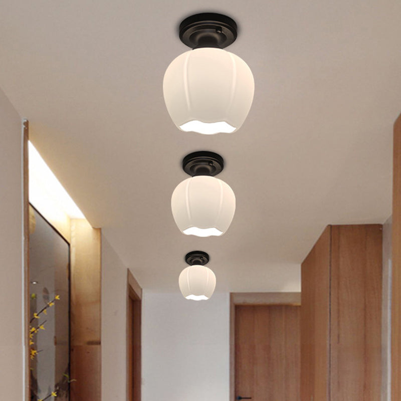 Opal Glass Bud Flush Lamp Classic Style 1 Light Living Room Ceiling Mounted Fixture in Black