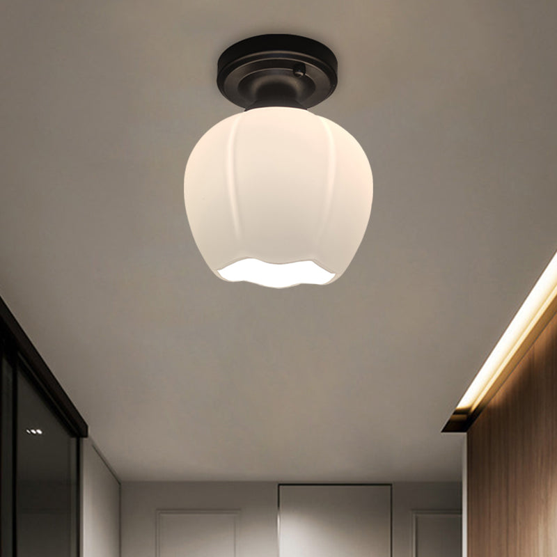 Opal Glass Bud Flush Lamp Classic Style 1 Light Living Room Ceiling Mounted Fixture in Black