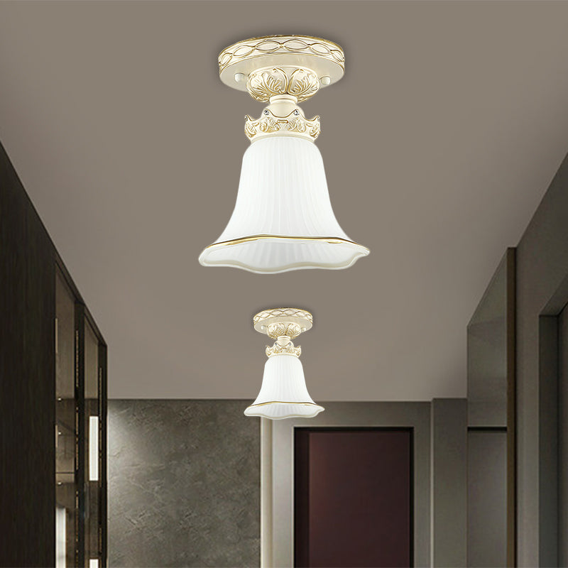 White 1 Head Flush Mount Light Vintage Milky Glass Ridged Flower Ceiling Fixture with Crown Design