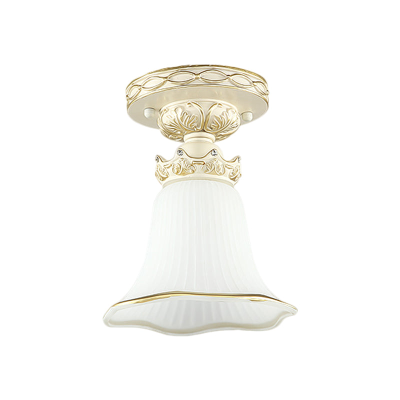 White 1 Head Flush Mount Light Vintage Milky Glass Ridged Flower Ceiling Fixture with Crown Design