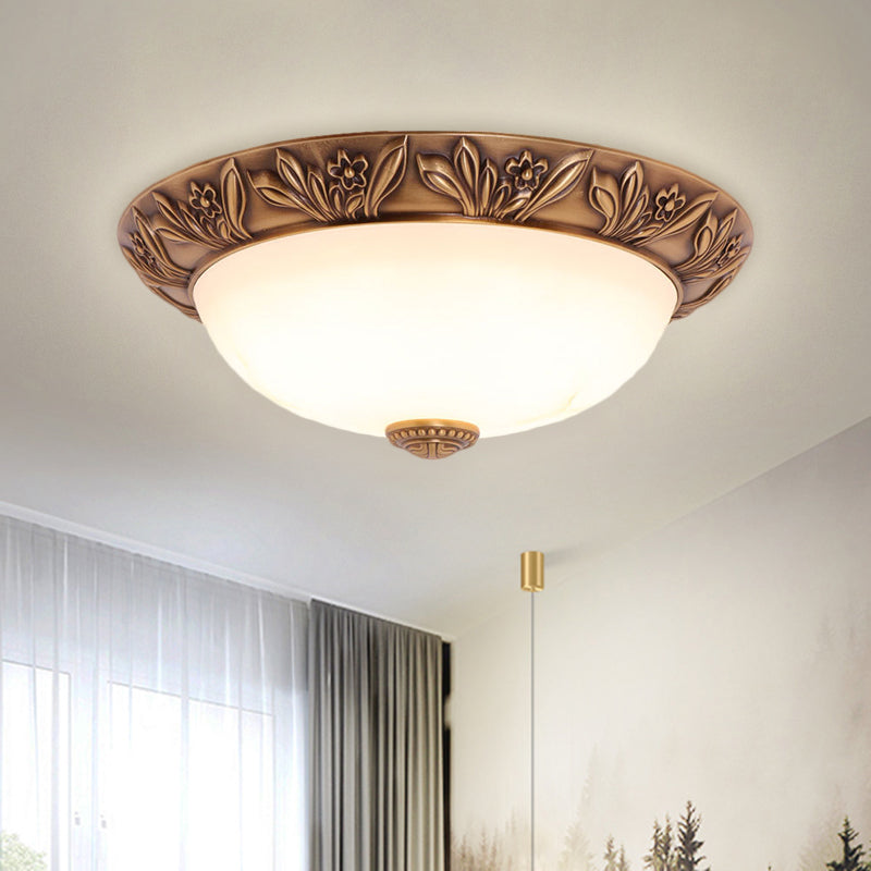 4/3/2 Heads Bowl Flush Light Antiqued Brass White Glass Ceiling Mounted Fixture,12"/16"/21.5" Width