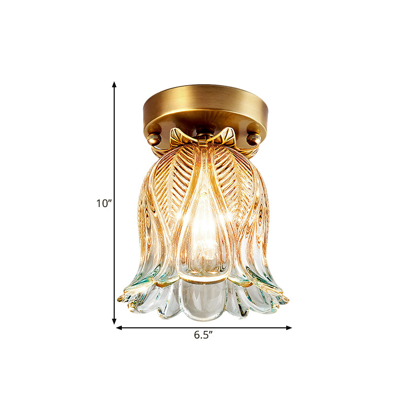 Single Light Flush Mount Lighting Farmhouse Flower Lattice Clear Glass Ceiling Lamp Fixture in Brass