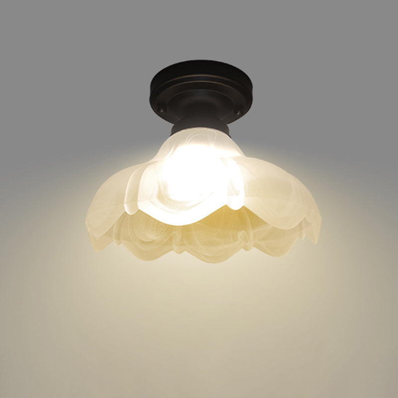 Single Head Flush Mount Countryside Flower White Ribbed Glass Ceiling Fixture in Black