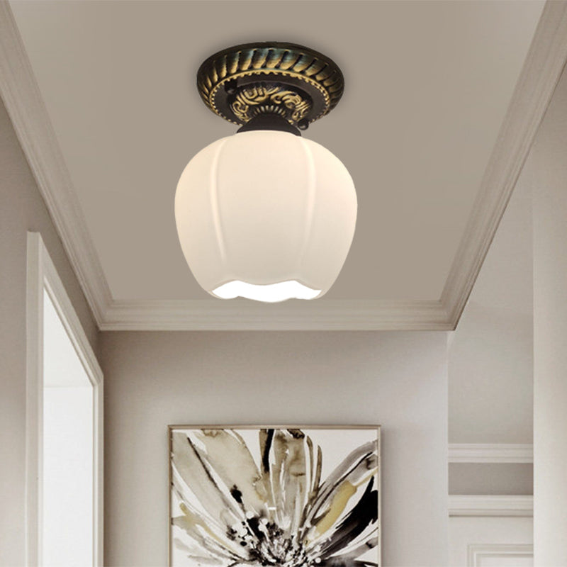 Country Blossom Ceiling Flush Single Bulb Milky Glass Flush Mount Lighting in Brown