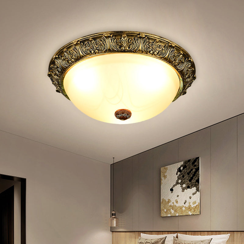 Plafonnier en forme de dôme de style rustique, 11 / 15 / 19 po, éclairage encastré à 2/3 têtes en verre opalin, blanc/laiton