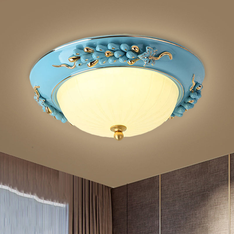 Blue 12"/14" W LED Ceiling Flush Antiqued Opal Glass Semicircle Flush Mount Lighting with Floral Design, Warm/White Light