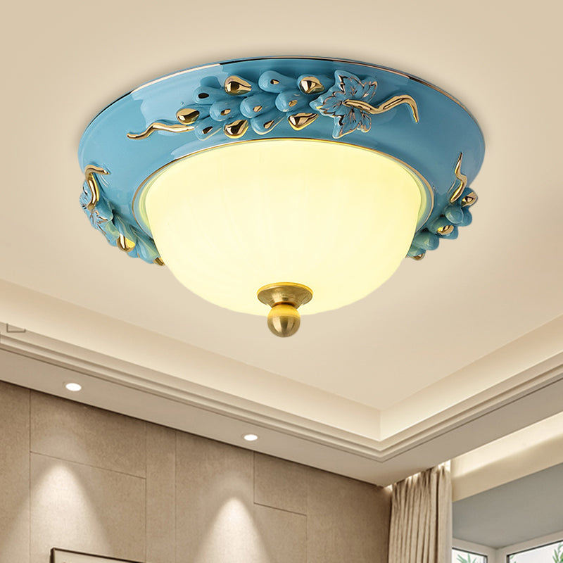 Blue 12"/14" W LED Ceiling Flush Antiqued Opal Glass Semicircle Flush Mount Lighting with Floral Design, Warm/White Light