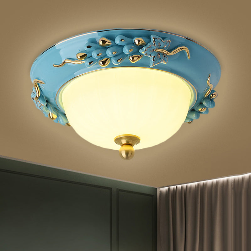 Blue 12"/14" W LED Ceiling Flush Antiqued Opal Glass Semicircle Flush Mount Lighting with Floral Design, Warm/White Light