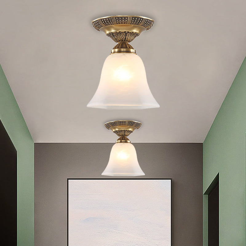 Frosted Glass Brass Flush Mount Fixture Bell Shape Single Head Country Ceiling Mounted Light